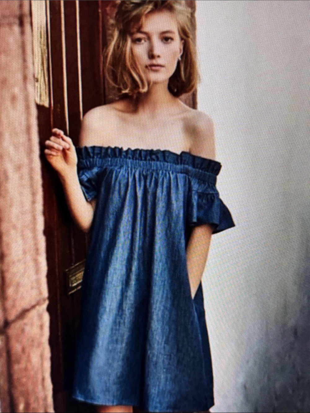 Corey Lynn Calter Off-Shoulder Denim Dress in Blue, small